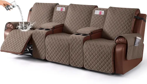 Miniatura 28 de KinCam Funda 100% Impermeable para Loveseat Reclinable con Consola, Fundas Antideslizantes para Sofá Reclinable de 2 Asientos, Funda para Sofá