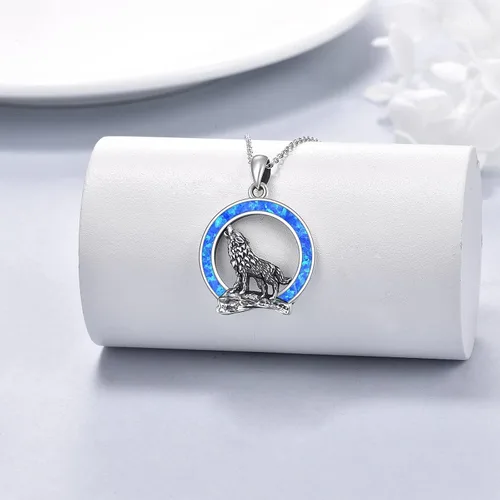 Miniatura 2 de YFN Collar de lobo, regalo para hombres y mujeres, plata de ley, ópalo y luna lobo, joyería de cumpleaños para amantes del lobo, 18+2 pulgadas