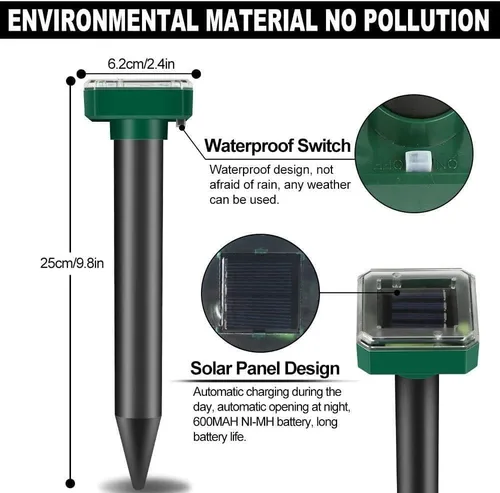 Miniatura 4 de Repelente de topos alimentado por energía solar para exteriores, repelente ultrasónico para césped y jardín, repelente de serpientes de marmota