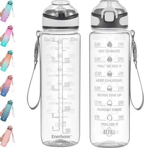 Miniatura 9 de Enerbone Botella de agua potable de 32 oz con tiempos para beber y popote, motivacional con correa para llevar, a prueba de fugas, sin BPA ni