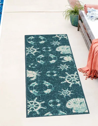 Miniatura 9 de Unique Loom Outdoor Coastal Collection - Alfombra Marmaris (2 pies x 6 pies 1 pulgada, color marfil/azul marino)