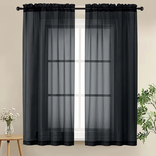 Miniatura 22 de LIVEKID Cortinas traslúcidas negras de cocina de 36 pulgadas de largo, cortinas cortas filtrantes de luz, 2 paneles de gasa aireada, texturizadas