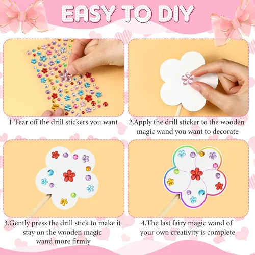 Miniatura 3 de Cindeer Kit de 42 varitas de hada de princesa, 36 piezas de varitas de madera sin terminar con 6 hojas de calcomanías de diamantes coloridos