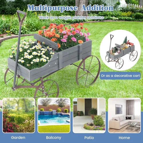 Miniatura 7 de Giantex Maceta decorativa para jardín, carrito pequeño con ruedas de metal, camas elevadas de madera, soporte para macetas para patio trasero, Gris