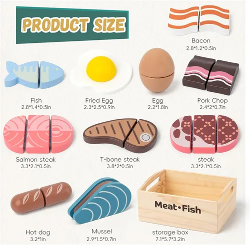 Miniatura 2 de Juego de 10 alimentos de madera para jugar carne y pescado para la cocina de los niños, juguete de madera, juego de corte de alimentos, juego