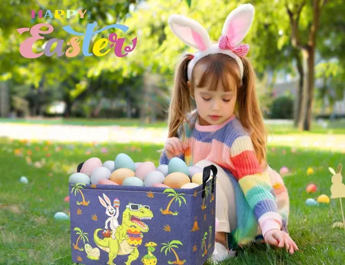 Miniatura 5 de Cestas de Pascua de dinosaurio grandes para niños, cesta de Pascua personalizada para bebé, color azul, decoración de primavera para niños