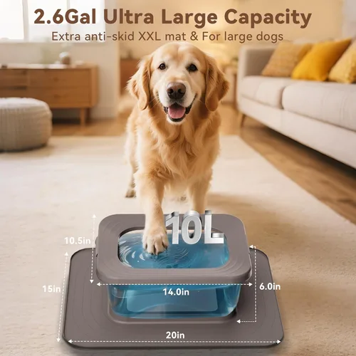 Miniatura 2 de Tazón de agua para perros de 10L sin derrames, 2.6 galones de acero inoxidable sin salpicaduras, tazón grande para perros con alfombrilla Gris