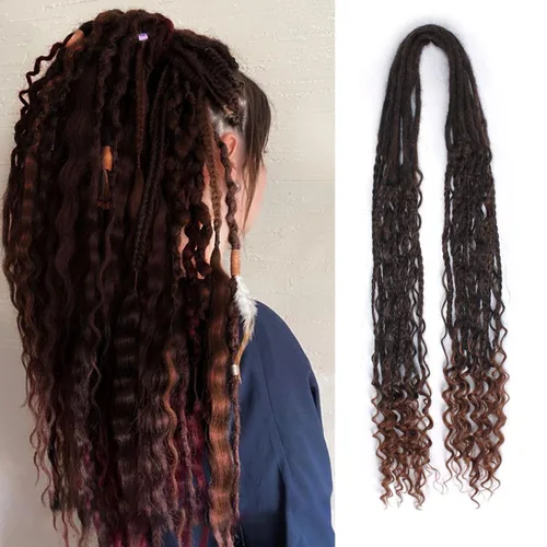 Miniatura 35 de Extensiones de rastas trenzadas bohemias de 24 pulgadas, 10 hebras de rastas sintéticas rizadas color marrón degradado con trenza de caja, rastas