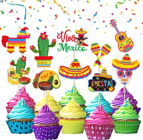 Miniatura 9 de Paquete de 41 decoraciones para tartas de cumpleaños con guitarra, cactus y burro, palillos de pimienta para fiesta mexicana, temática de baby
