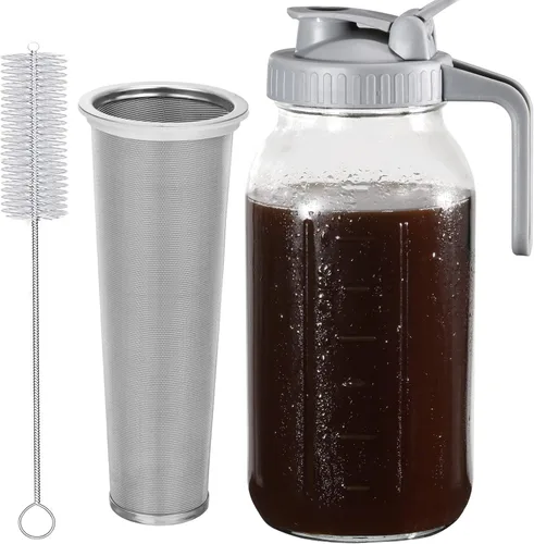 Miniatura 8 de Glyntrof Cafetera de Café Frío Jarra de Vidrio, Frasco Mason de 32 oz con Tapa con Asa y Pico Vertedor con Filtro de Acero Inoxidable para Café Gris