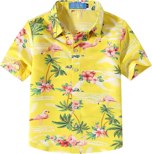 SSLR Camisa hawaiana para niños grandes, camisa hawaiana para niños, camisa de flamencos, camisa Luau de manga corta para niños