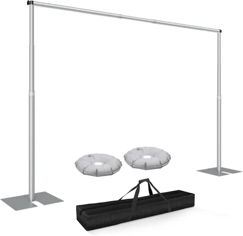 Miniatura 12 de Kit de soporte de fondo de tubo y cortina de 10 x 10 pies, soporte ajustable resistente con bolsa de transporte, marco de fondo de metal para Negro