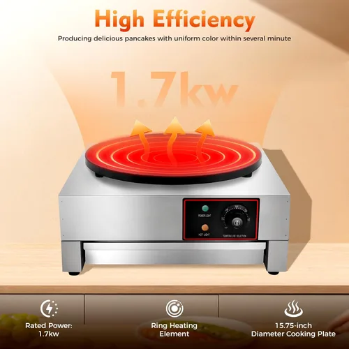 Miniatura 4 de Máquina eléctrica de crepé, máquina antiadherente de 16 pulgadas y 1700 W, plancha de crepes de placa plana comercial con luces indicadoras LED