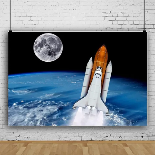 Miniatura 2 de Telón de fondo de cohete del espacio exterior de 5 x 3 pies para fotografía, galaxia planeta 3D, fondo de luna para niños, bebé, astronauta