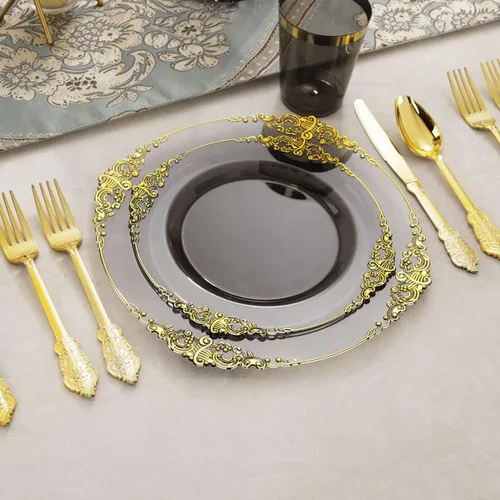 Miniatura 4 de Nervure 175 platos de plástico negro transparente, juego de vajilla de plástico dorado para 25 invitados, incluye 50 platos desechables, 75