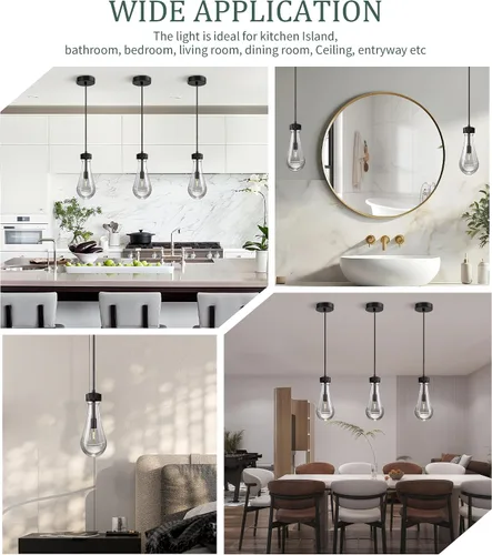 Miniatura 2 de Lámpara colgante de gota de lluvia, luces colgantes negras para isla de cocina, paquete de 3, luces modernas de isla para cocina, casa de campo