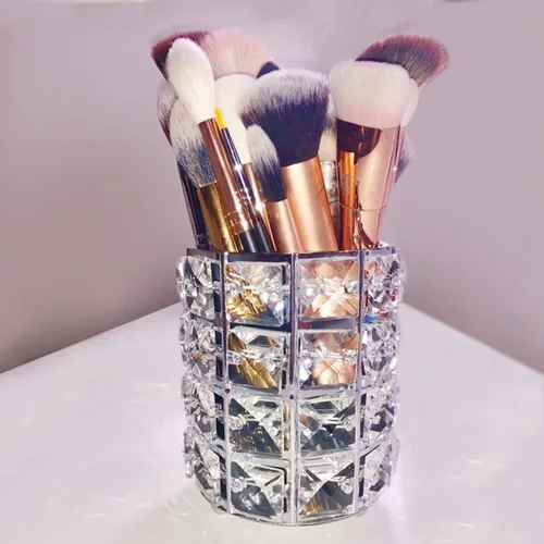Miniatura 3 de LUGUNU - Organizador para brochas de maquillaje con brillo de cristal dorado personalizado, con peine de oro, caja de almacenamiento para bolígrafos