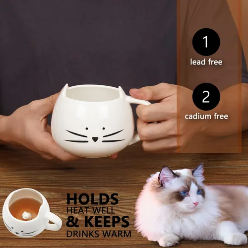 Miniatura 7 de Koolkatkoo - Taza de café con diseño de gato para mujeres y niñas, taza de agua de cerámica con gatito, 12 oz, taza pequeña, color blanco