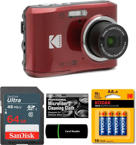 Kodak PIXPRO FZ45 - Cámara digital de 16 MP con zoom óptico 4X de 1.063 in gran angular 1080P Full HD Video 2.7 pulgadas (rojo) + tarjeta y lector