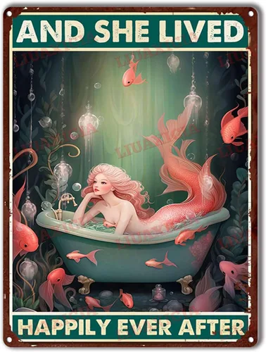 Miniatura 15 de LIUAXICIA Letrero de lata retro con diseño de sirena y ella vivió feliz para siempre, para decoración del hogar, 8 x 12 pulgadas, pintura de lata