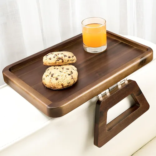Miniatura 7 de Tinamo Bandeja de brazo de sofá de acacia, mesa rectangular para reposabrazos de sofá, accesorios de sofá, organizador para sillón, bandeja con clip