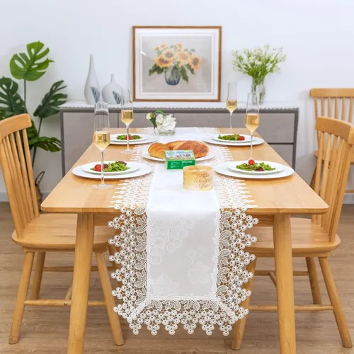 Miniatura 30 de Camino de mesa rectangular de granja de encaje beige premium, impermeable, a prueba de aceite, a prueba de derrames, antiencogimiento, suave