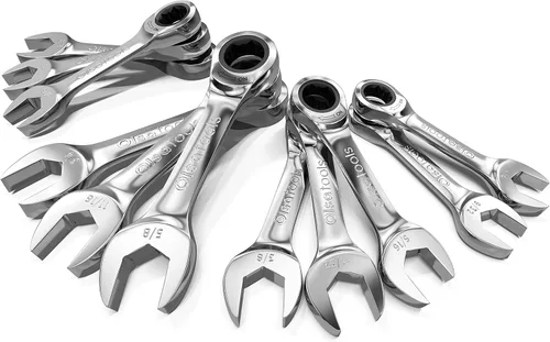 Olsa Tools Juego de llaves de trinquete SAE de 11 piezas, 120 dientes, tamaño rechoncho, acero al cromo vanadio 11 piezas - Sae