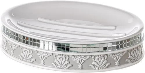 Miniatura 9 de Creative Scents Juego completo de accesorios de baño de damasco de espejo, juego de baño decorativo de 4 piezas blanco y gris incluye: dispensador