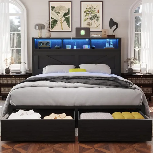 Miniatura 8 de Marco de cama matrimonial de estilo granja con cabecera de estantería y cajones de almacenamiento, luces LED y estación de carga, no necesita Marrón
