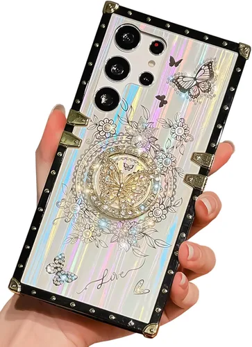 Miniatura 13 de Bonita funda compatible con Samsung Galaxy S22 Ultra, soporte plegable de lujo con diseño de mariposa brillante para mujeres y niñas, funda Blanco