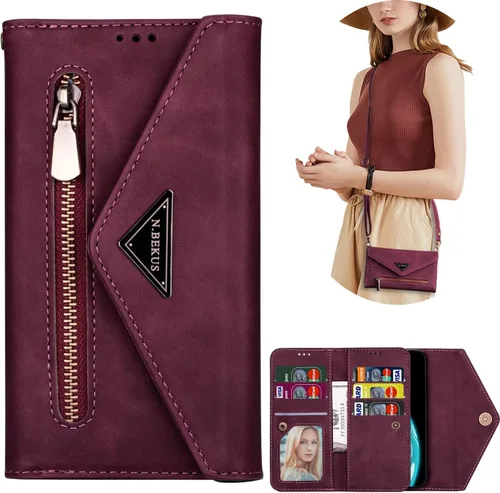 CCSamll - Funda tipo cartera para Samsung Galaxy A53 5G, piel sintética, correa cruzada para el cuello, con cordón, para bolso de mano, con Vino