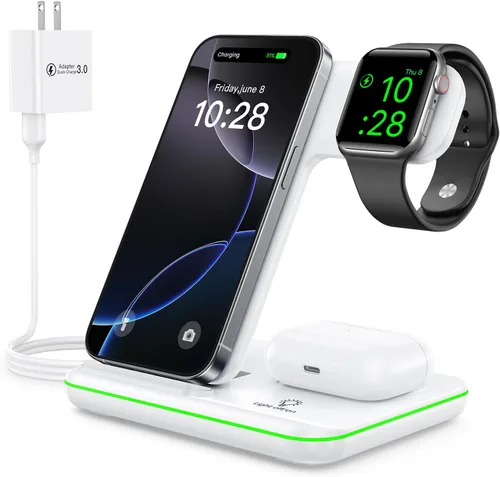 WAITIEE Cargador inalámbrico para iPhone 16 15 14 13 12 11 X 8, estación de carga 3 en 1 para Apple Watch 10/9/8/7/6/5/4/3/2/SE/Ultra/Ultra 2 y para