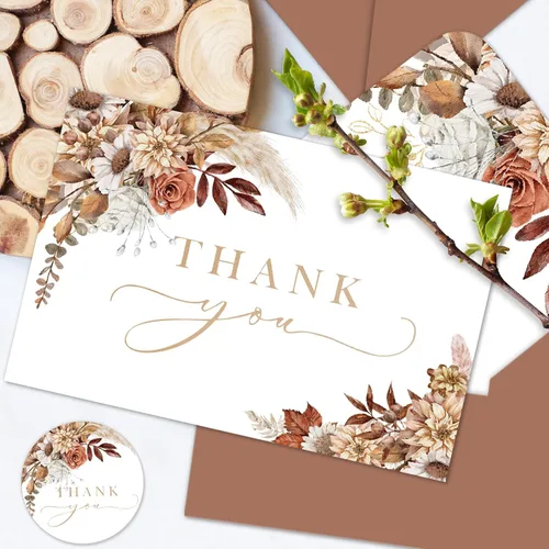 Miniatura 6 de AnyDesign Tarjetas de agradecimiento florales boho de otoño a granel, paquete de 24 tarjetas de felicitación de flores de acuarela con sobres