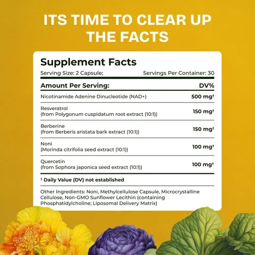 Miniatura 6 de Suplemento liposomal NAD para mujeres con Noni Suplemento de resveratrol NAD 5 en 1 con berberina y quercetina Alternativa al polvo puro NMN