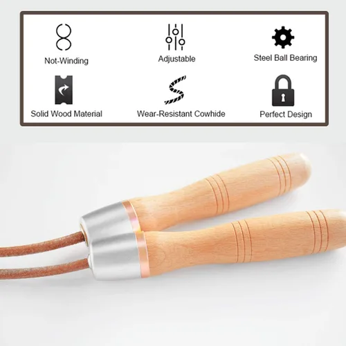 Miniatura 5 de Cuerda de saltar de cuero, cuerdas de salto ajustables, con rodamiento giratorio y asas de madera pura, para entrenamientos de gimnasio y fitness