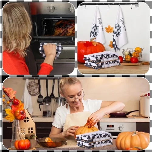 Miniatura 5 de Mixweer 6 toallas de cocina de Acción de Gracias, toalla de mano de calabaza blanca y negra de 16 x 24 pulgadas, diseño de búfalo de otoño a cuadros