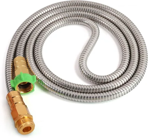 Miniatura 17 de Manguera de jardín de metal de 25 pies, manguera de jardín flexible de acero inoxidable ligera, manguera de agua resistente con boquilla de alta