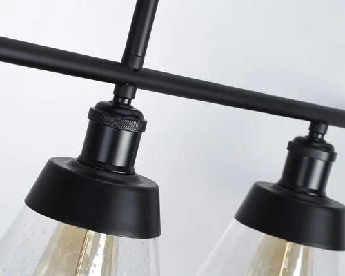 Miniatura 6 de Fivess Lighting Iluminación de Isla de Cocina Estilo Granja Negro de 3 Luces, Candelabro Lineal de Vidrio Texturizado Transparente, Varillas