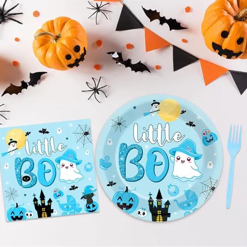 Miniatura 5 de 96 PIEZAS Platos y Servilletas de Halloween Little Boo Baby Shower para decoraciones de baby shower Boo, vajilla desechable azul y negra, platos