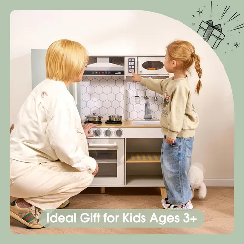 Miniatura 8 de Play Kitchen - Juego de cocina de juguete de madera para niños con luces y sonidos simulados, cocina de madera Montessori con fregadero, estufa