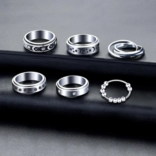 Miniatura 4 de Anillos giratorios MUCAL para ansiedad 8 piezas de anillo giratorio de acero inoxidable anillo anti ansiedad anillo giratorio con luna y estrella