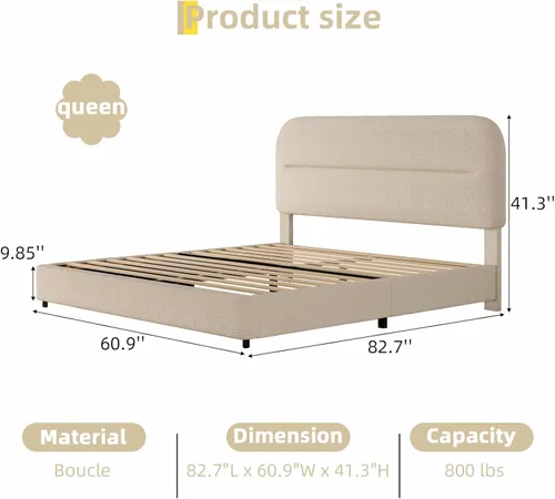 Miniatura 2 de HOMBCK - Base de cama tapizada de tejido bouclé con cabecera suave con diseño de esquinas redondeadas, listones de madera, no requiere somier, fácil