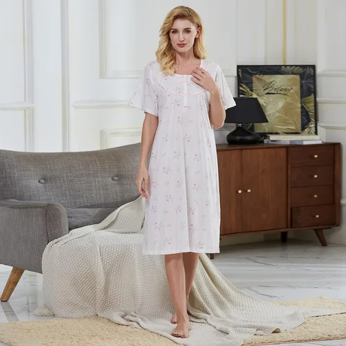 Miniatura 3 de Keyocean - Camisón de algodón para mujer, suave, cómodo, ligero, manga corta, vestido de casa, ropa de dormir, ropa de sala para verano.