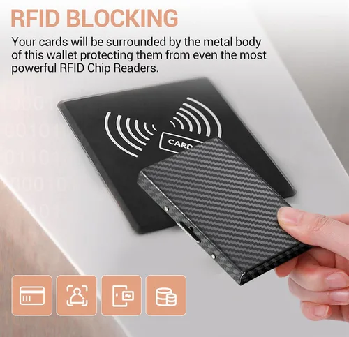 Miniatura 55 de BONSYL® Soporte para tarjetas de crédito, cartera delgada de metal con bloqueo RFID, con 6 ranuras para tarjetas, para mujeres y hombres.