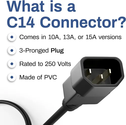 Miniatura 3 de UNC Cable de alimentación PDU C13 a C14, 1.5 pies, paquete de 20 unidades, negro, 10 amperios, SJT 250V, certificación UL, cable de extensión IEC