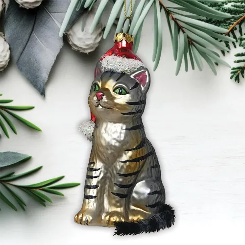 Adorable adorno de gato atigrado con sombrero de Papá Noel, decoraciones navideñas perfectas para los amantes de los gatos, cristal hecho a mano,
