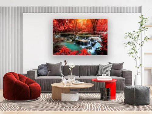 Miniatura 3 de Muolunna BK03969 - Lienzo decorativo para pared, diseño de cascadas de bosque rojo, 1 pieza, árbol de paisaje moderno para sala de estar