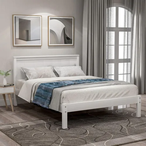 Miniatura 13 de Cama de plataforma de madera maciza tamaño matrimonial con cabecera y estribo de trineo, base de cama de plataforma de madera completa con Espresso