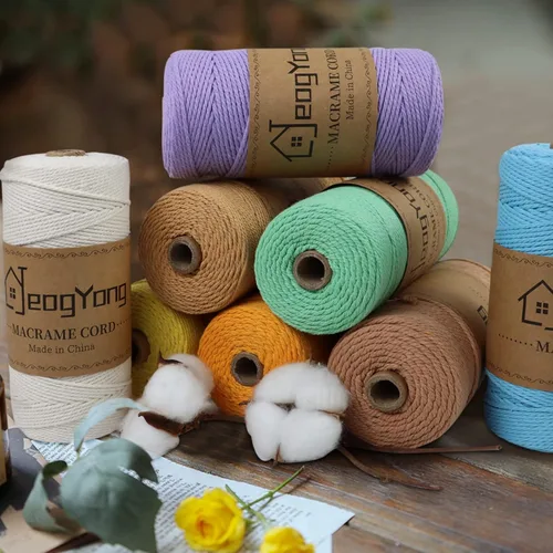 Miniatura 5 de JeogYong Cuerda de macramé de 0.078 pulgadas x 218 yardas, cuerda de algodón natural torcida de 3 hebras, cuerda de algodón de color para colgar Café