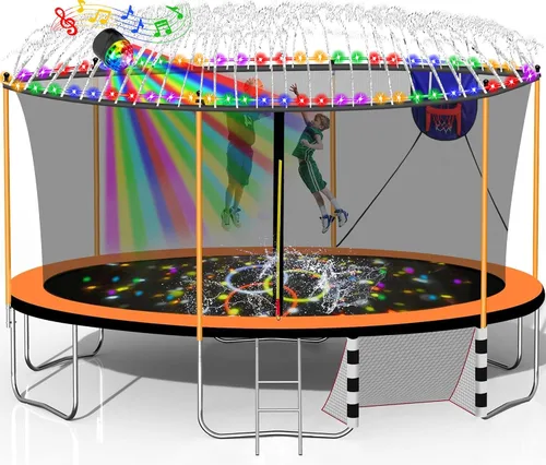 Miniatura 11 de Trampolín de 1500 libras, 10 pies, 12 pies, 14 pies, 15 pies, 16 pies, con luces LED, rociador, altavoz de música y calcetines, trampolín
